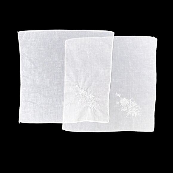 Handkerchief Set 2 White On White Embroidered Flowers Vintage Cotton 10" Square - Picture 3 of 6